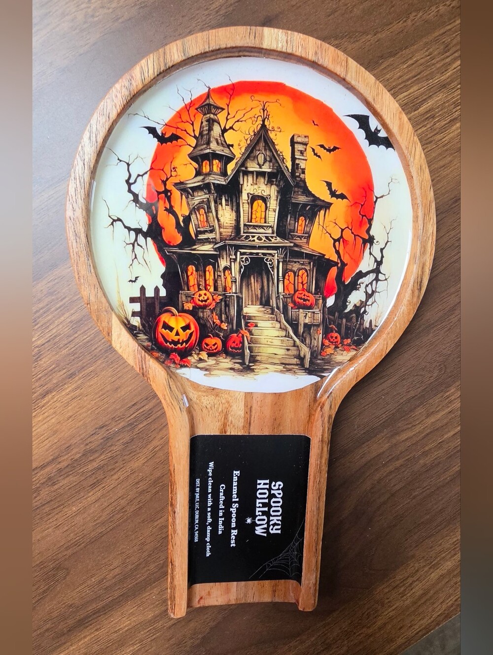 Spooky Hollow Haunted House Wooden Spoon Rest - Halloween Kitchen Enameled Wood